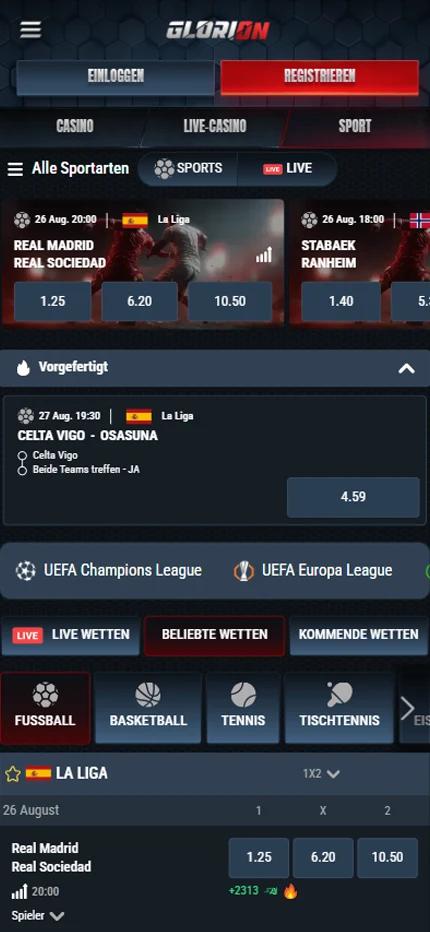 Das Wettprogramm von Glorion mit Fußball, Basketball, Tennis und weiteren Disziplinen.