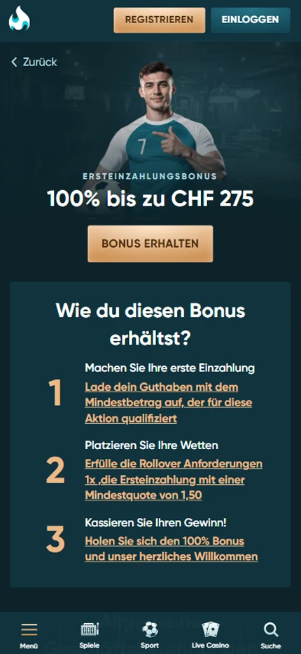 Die Bonusseite von LegendPlay mit 100 Prozent bis CHF 275 und den drei Schritten zur Freischaltung.