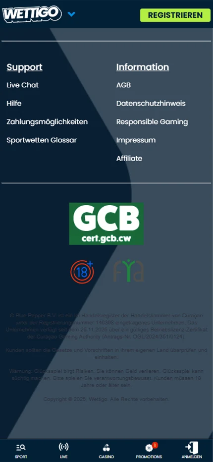 Der Fußbereich von Wettigo mit dem Curaçao-Zertifikat und der Registernummer von Blue Pepper B.V.