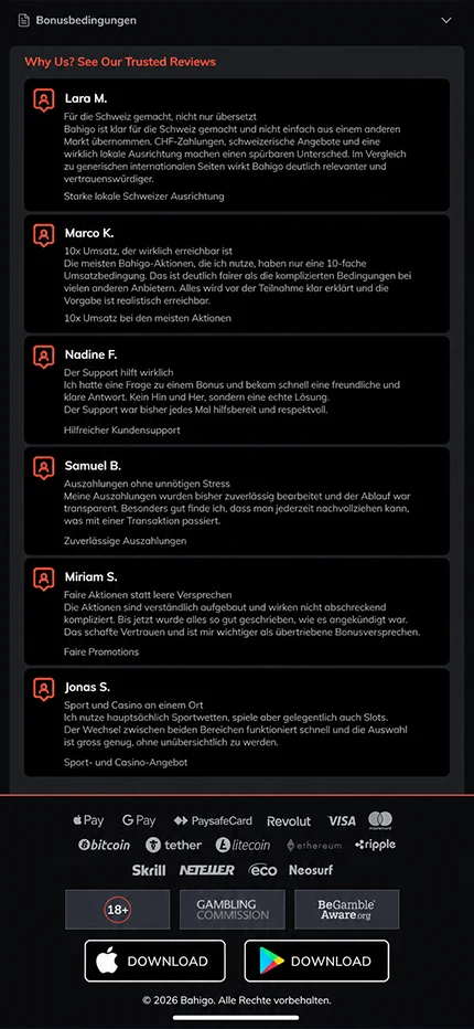 Kundenstimmen bei Bahigo, dazu Zahlungswege und die Verweise auf die Anwendungen.